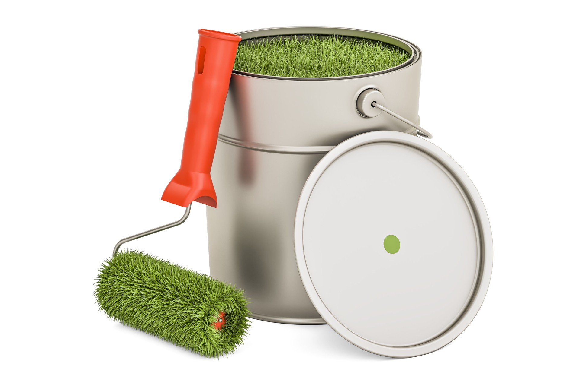 Eco-friendly paint concept. Can with grassy paint and roller brush, 3D rendering isolated on white background
